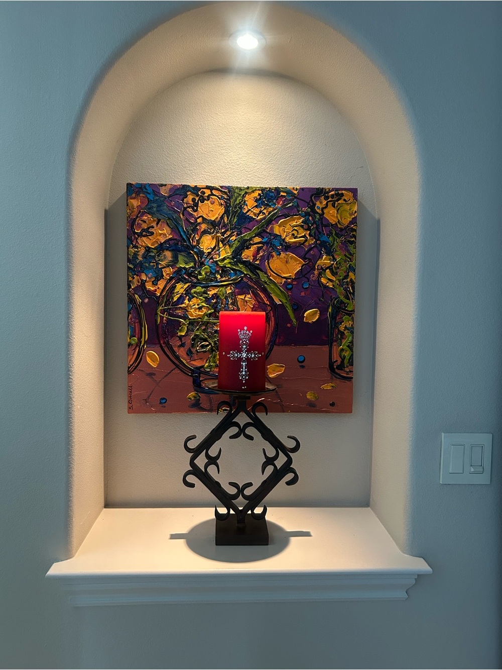 Red Decorative Cross Candle on Iron Stand